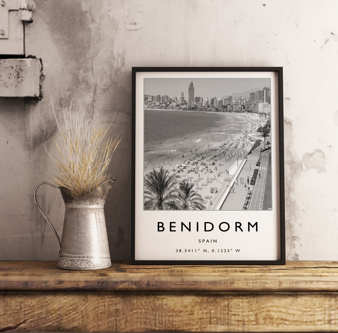 Benidorm Spain Black and White Beach Skyline City Photo Poster - Image 3