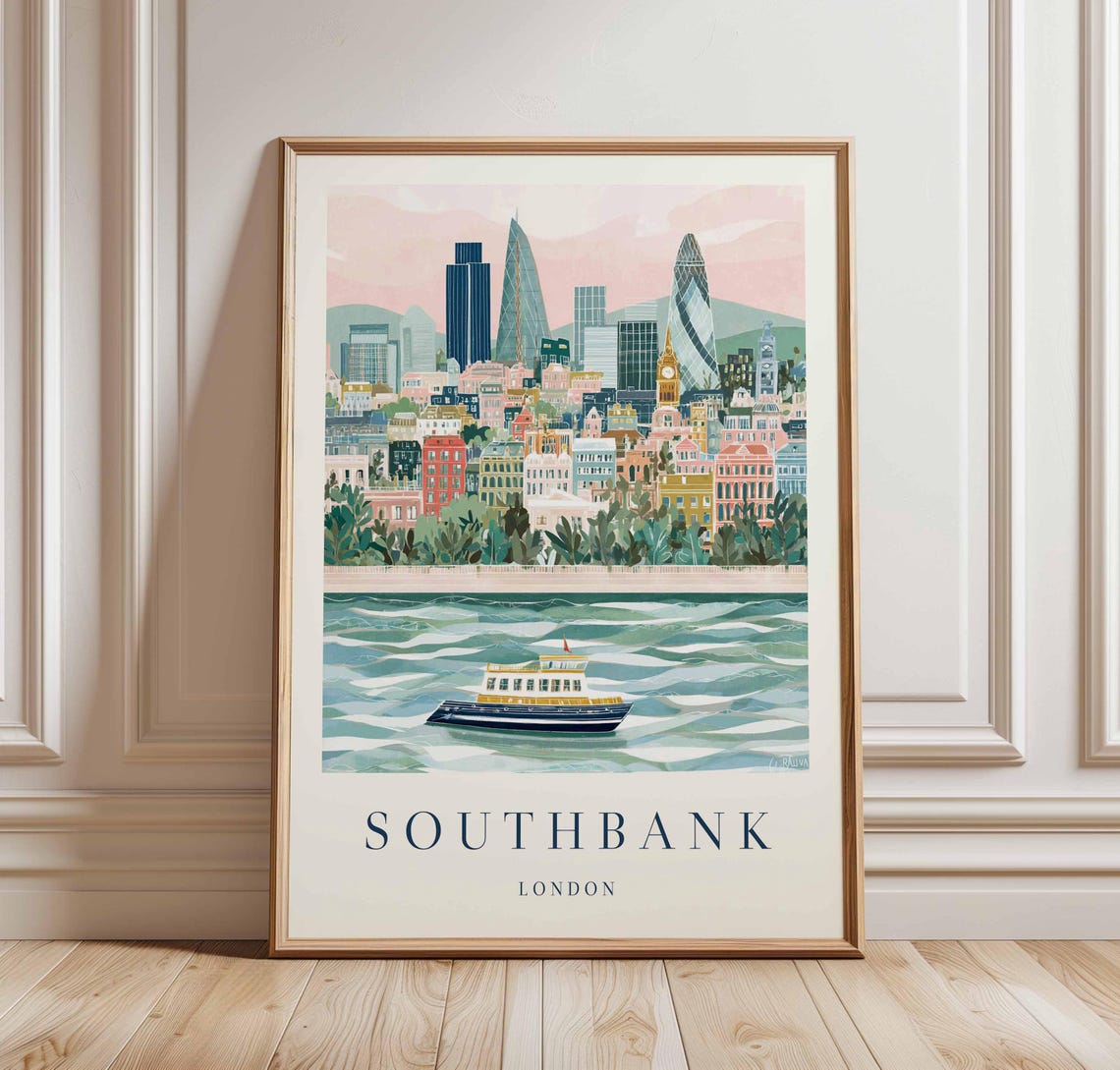 Southbank London Travel Poster Thames River Uk City Art