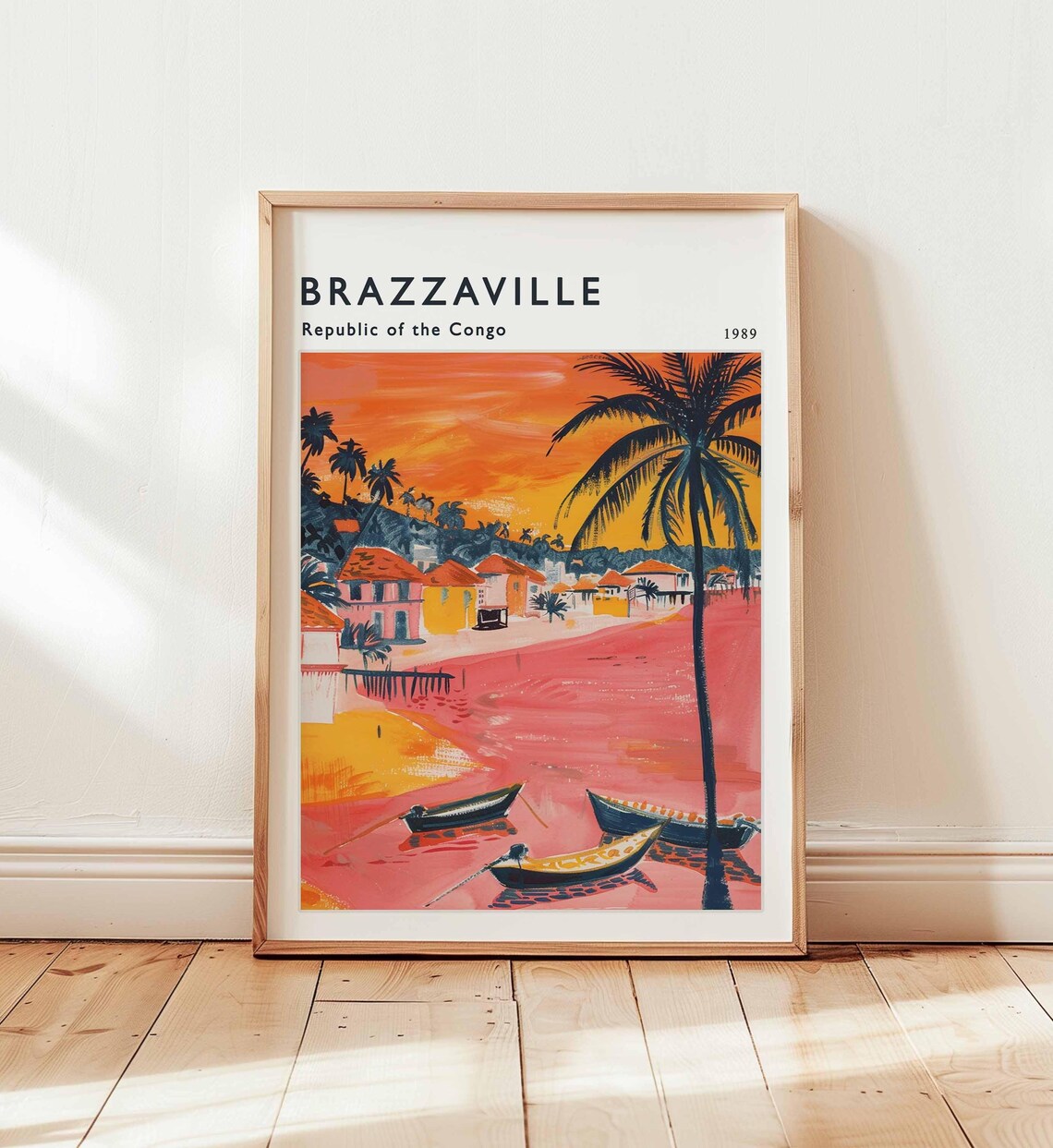 Brazzaville 1989 Congo Orange Sunset Beach Fishing Boats Art Poster