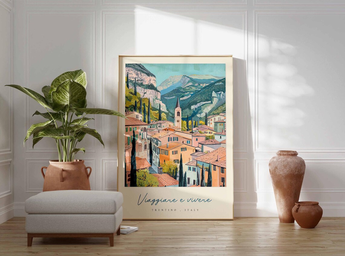 Trentino Italy Village Painting Cypress Trees Church Tower Poster - Image 3