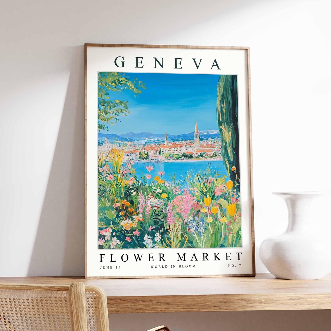 Geneva Flower Market Lakeside Wildflower Meadow Swiss Travel Poster