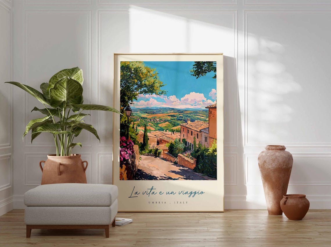 Umbria Italy Village Cobbled Lane Lamp Post Valley Panorama Poster - Image 3