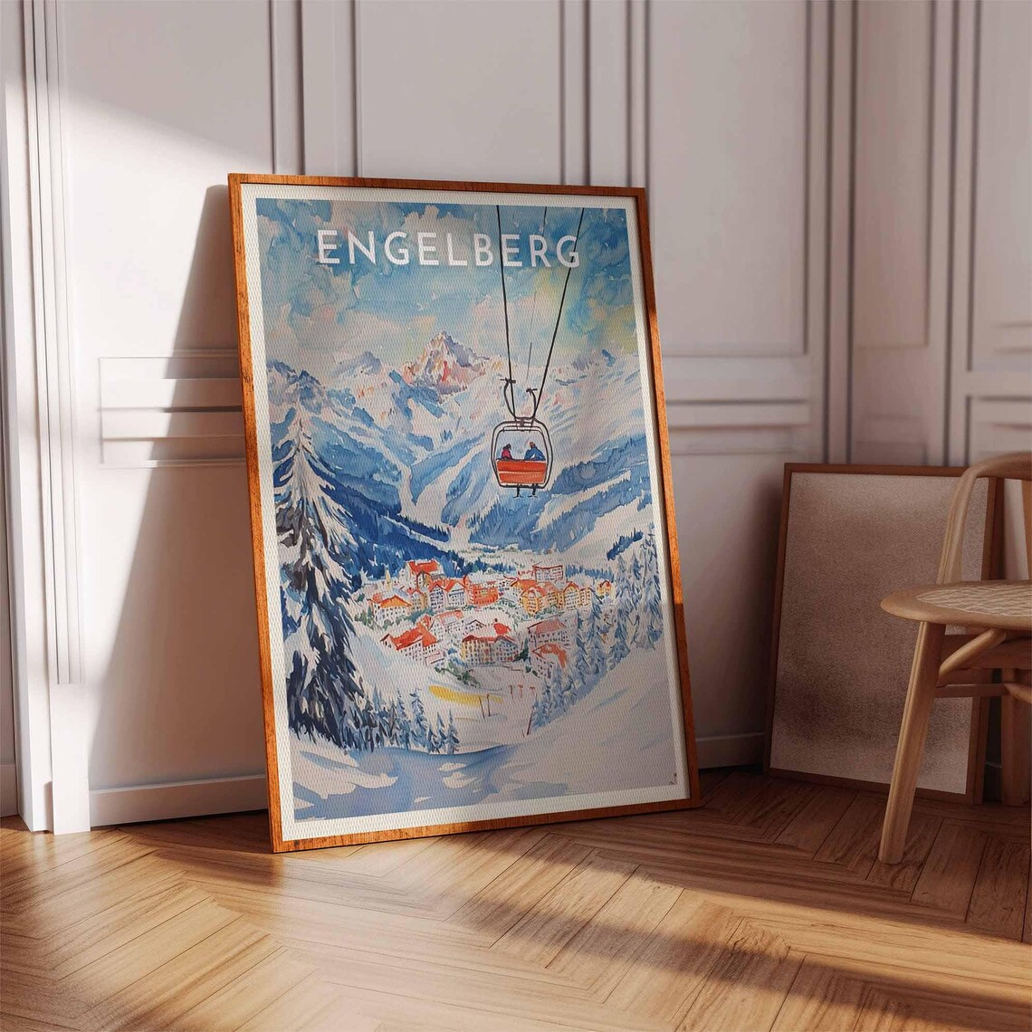 Engelberg Switzerland Watercolor Gondola Snowy Village Art Poster - Image 3