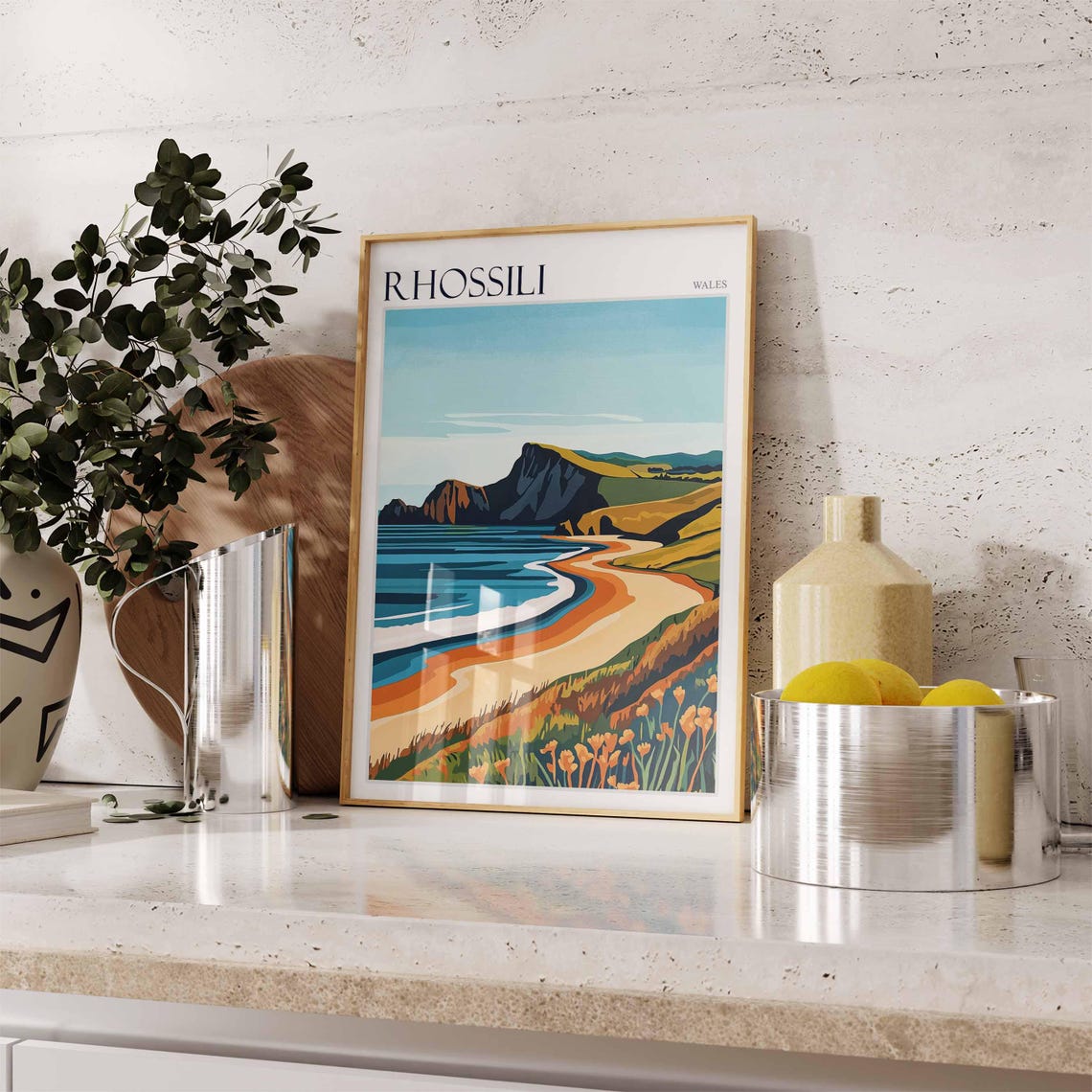 Rhossili Wales Bold Graphic Beach Dark Cliffs Bright Orange Poster - Image 3