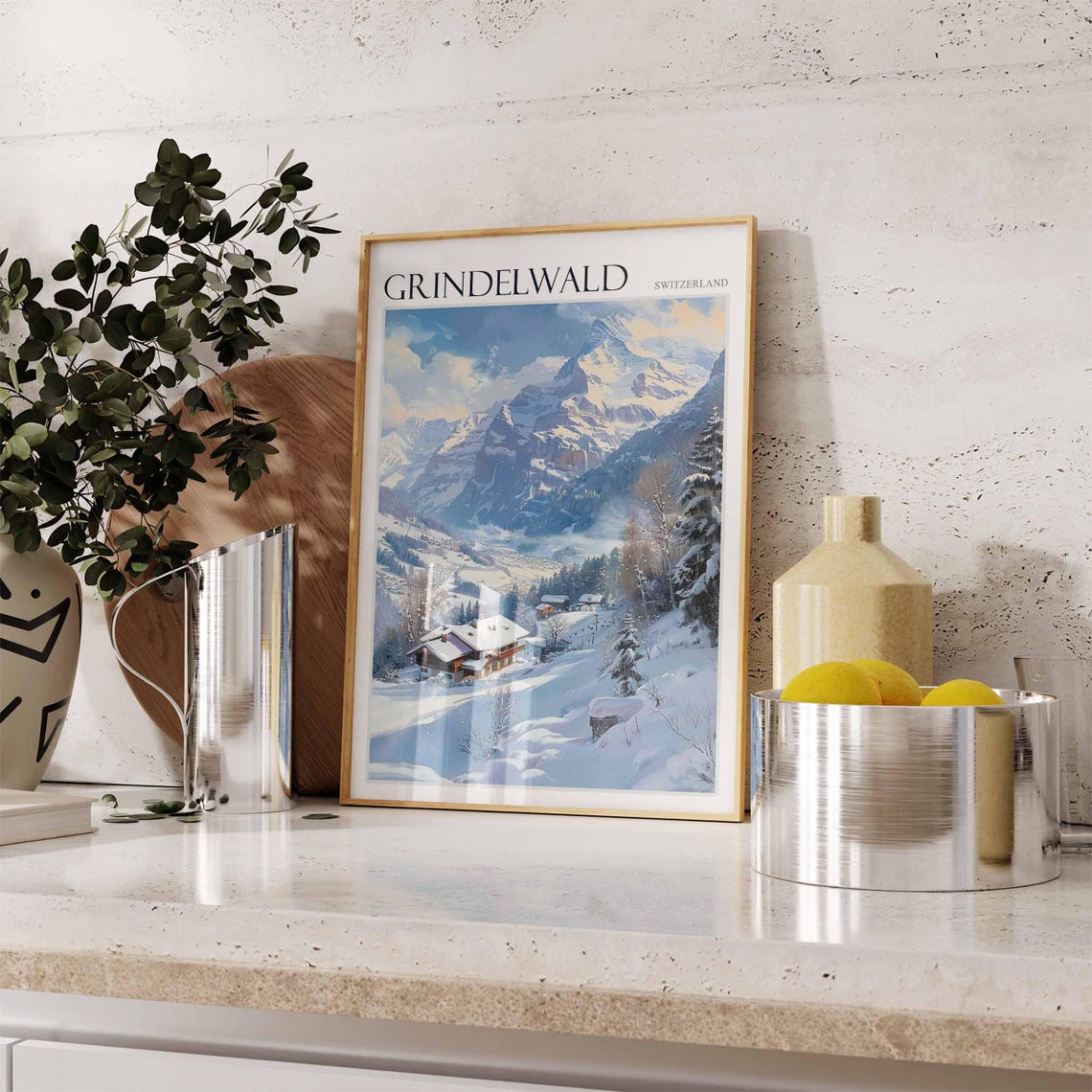 Grindelwald Switzerland Sunlit Mountain Peak Chalet Dawn Poster - Image 2