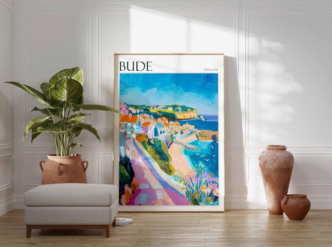 Bude Cornwall Clifftop Path Down to the Sea Painted Travel Poster - Image 3