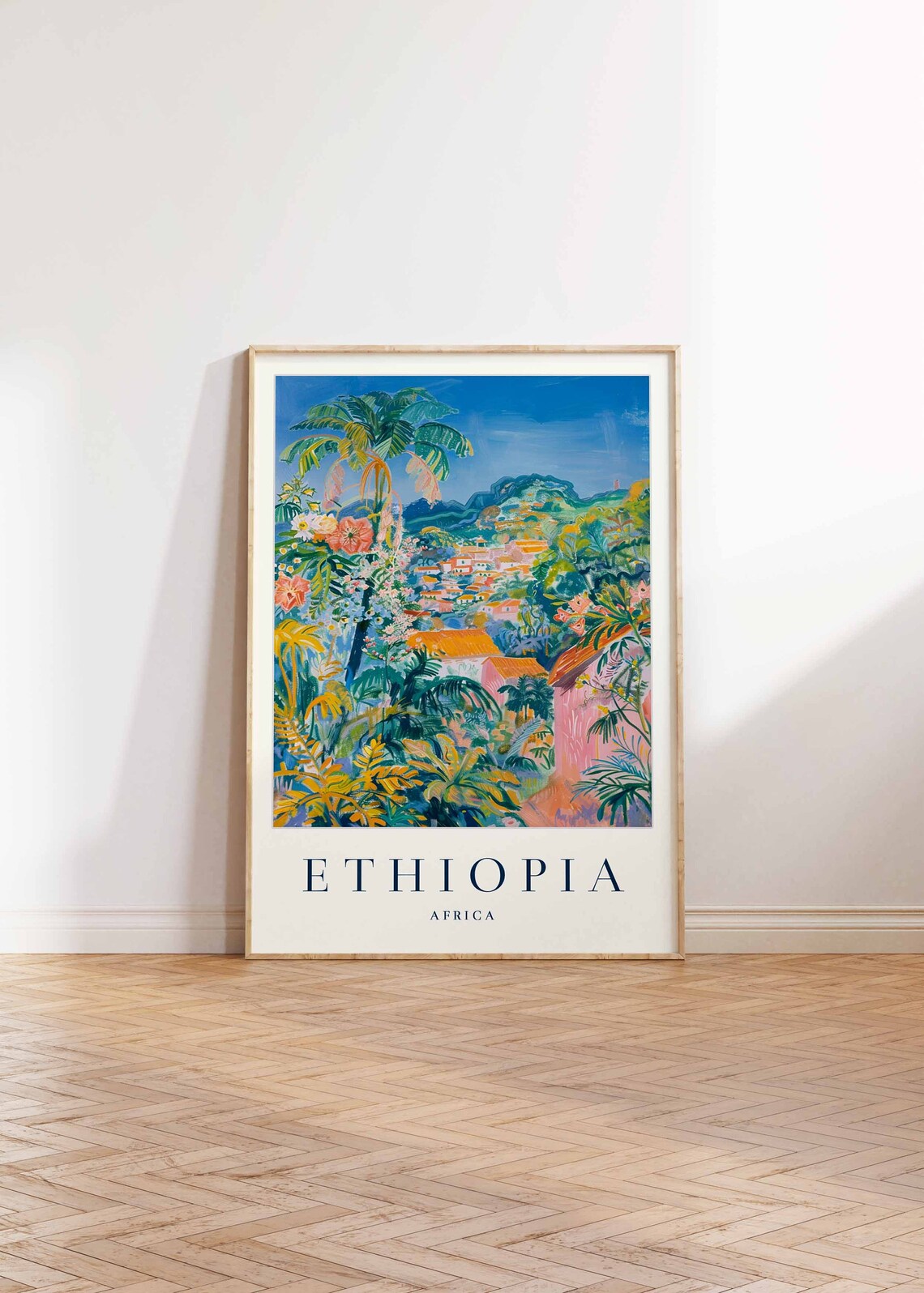 Ethiopia Africa Vibrant Lush Jungle Town Painted Travel Poster - Image 2