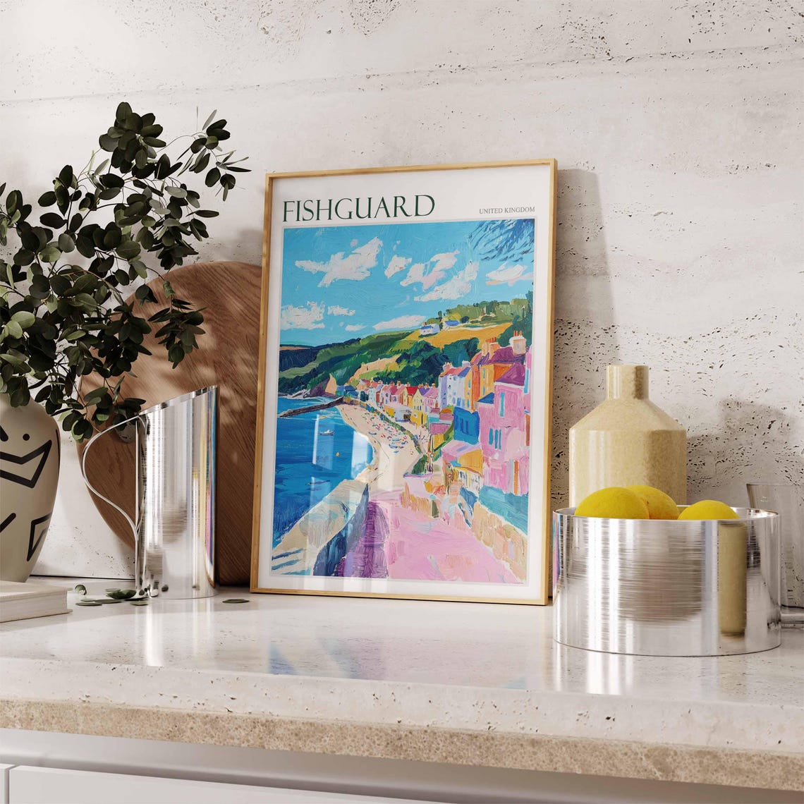 Fishguard Pink Harbor Cottages Seaside Town Welsh Travel Poster - Image 2