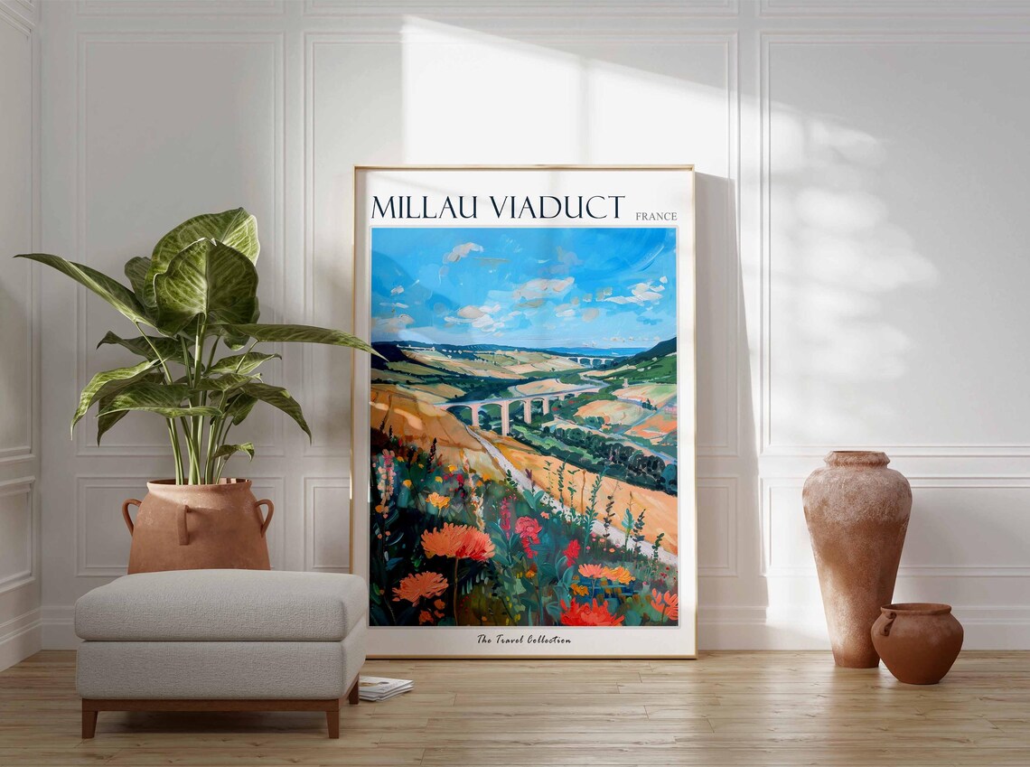 Millau Viaduct France Golden Fields Bridge Painting Travel Poster - Image 3