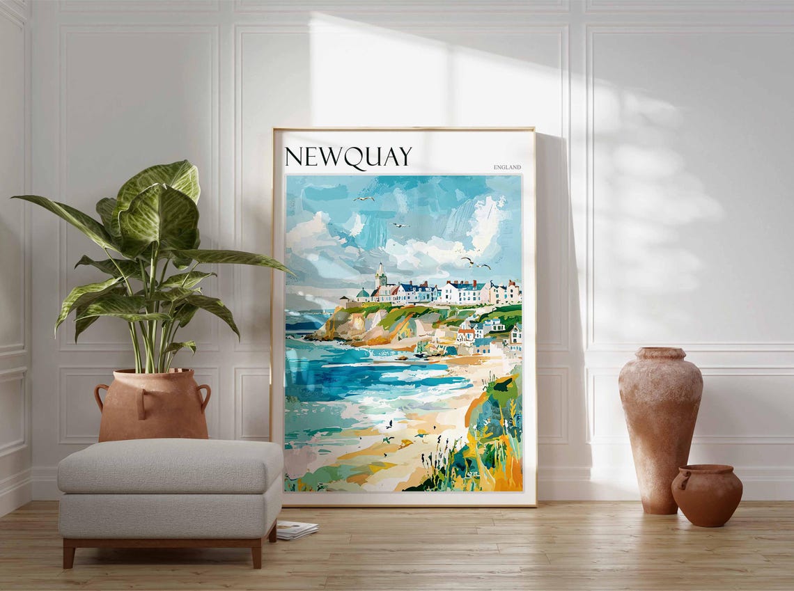 Newquay England Beach Waves Cliffs Town Painting Seaside Poster - Image 3