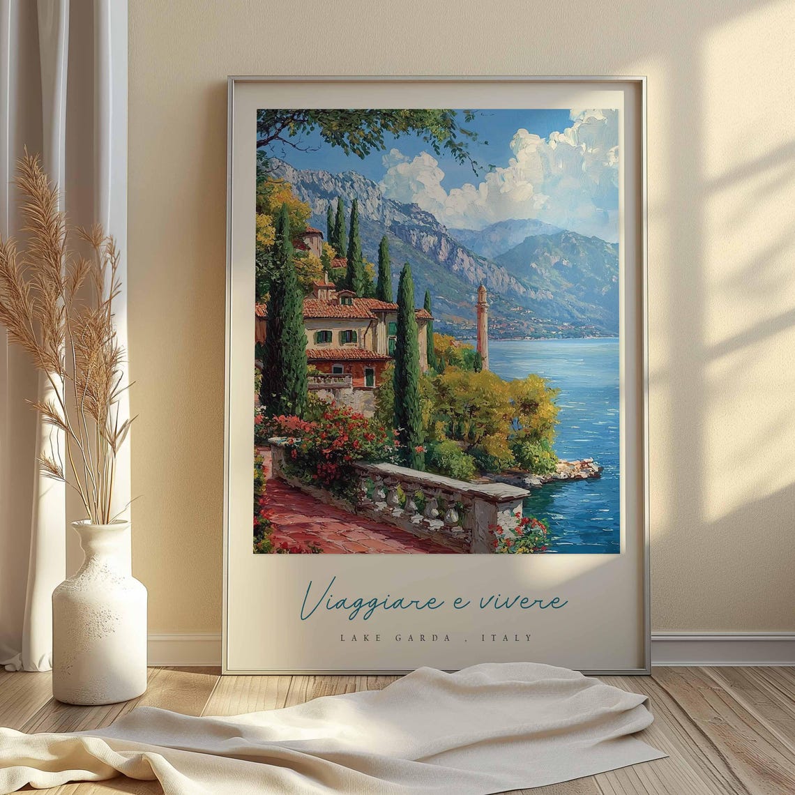 Lake Garda Italy Lakeside Terrace Cypress Trees Mountain View Poster - Image 2