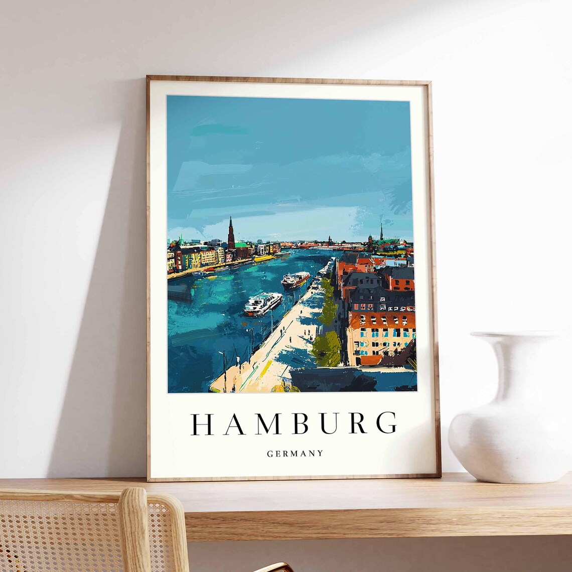 Hamburg Germany Aerial River Boats Quay Skyline Travel Poster