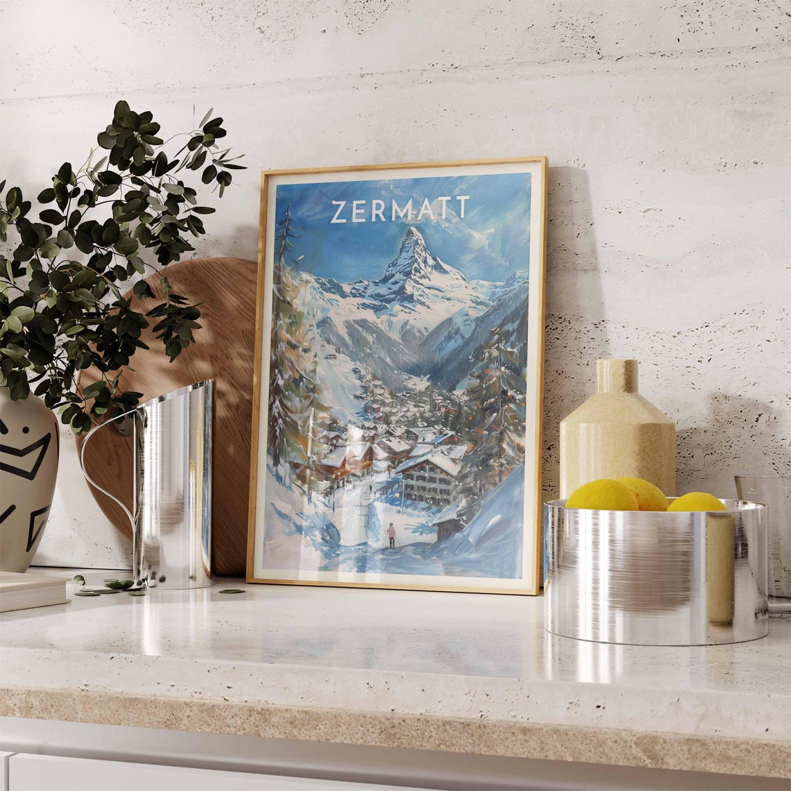 Zermatt Matterhorn Village Pines Lone Skier Scene Winter Poster - Image 2