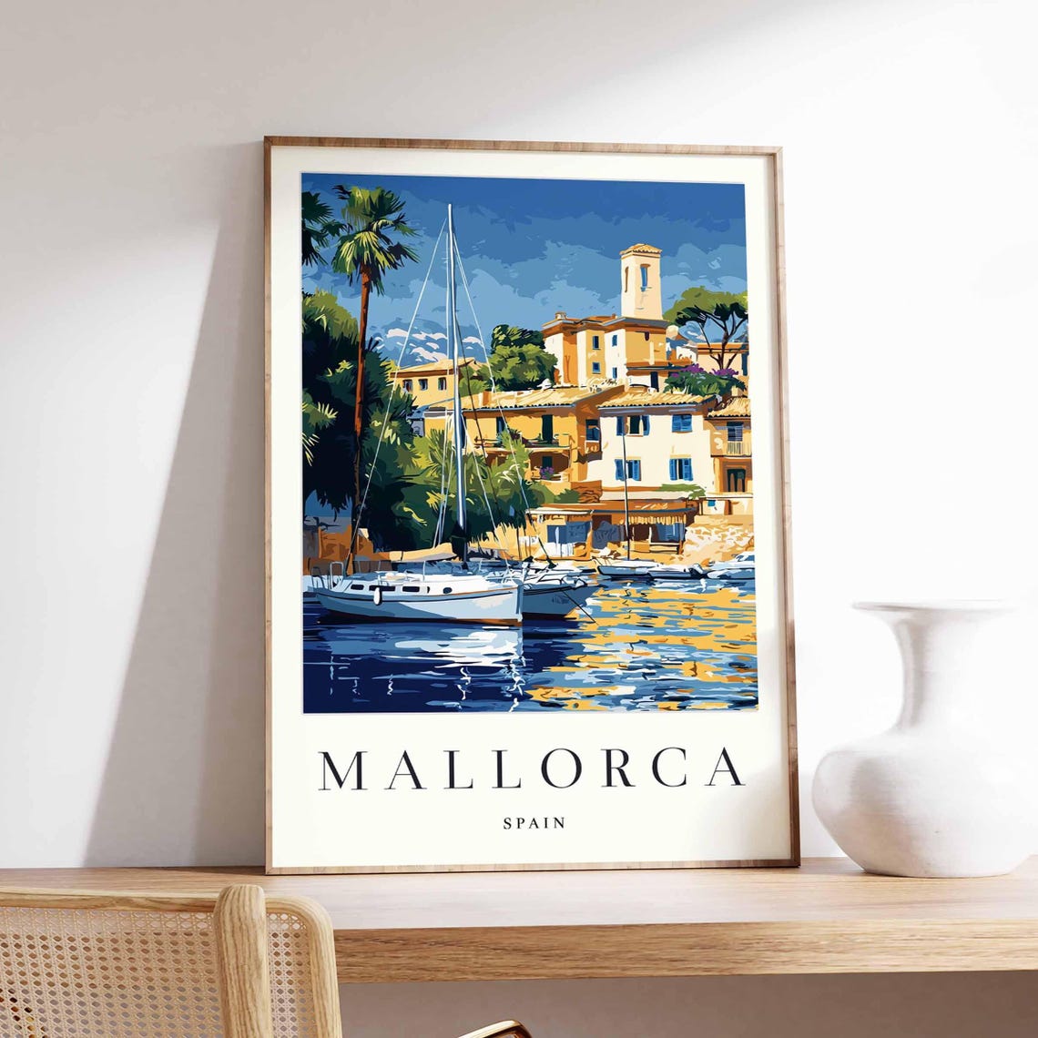 Mallorca Spain Harbor Sailboats Palm Trees Village Art Poster