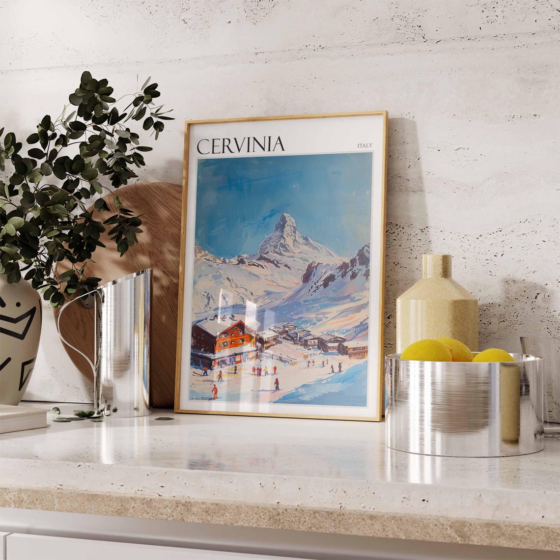 Cervinia Italy Pyramid Peak Red Lodge Sunny Alpine Ski Poster - Image 2