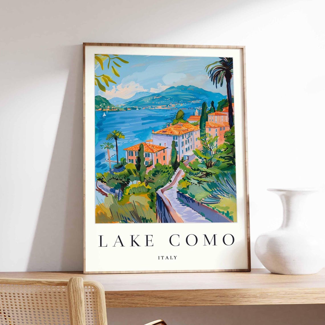 Lake Como Italy Hillside Villas Painted Coastal Travel Poster