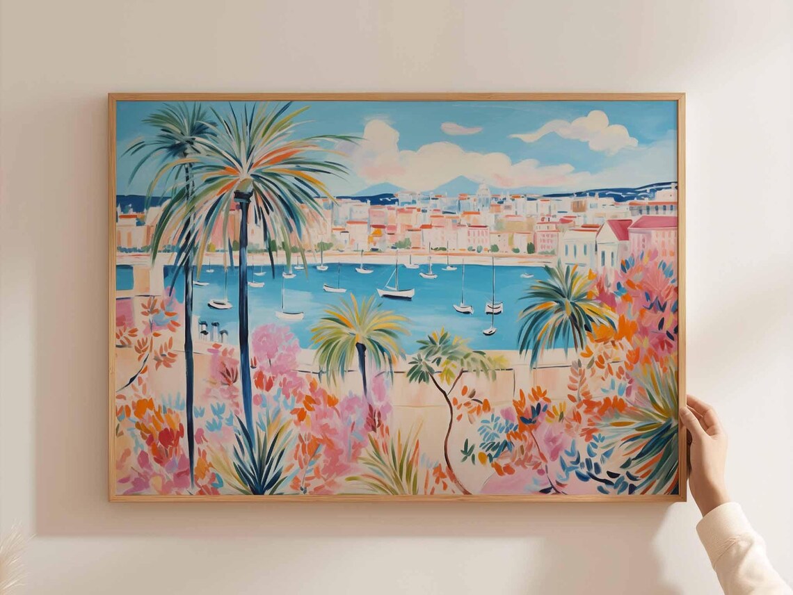 Cannes Harbor Sailboats Pastel Waterfront Palm Trees Art Poster
