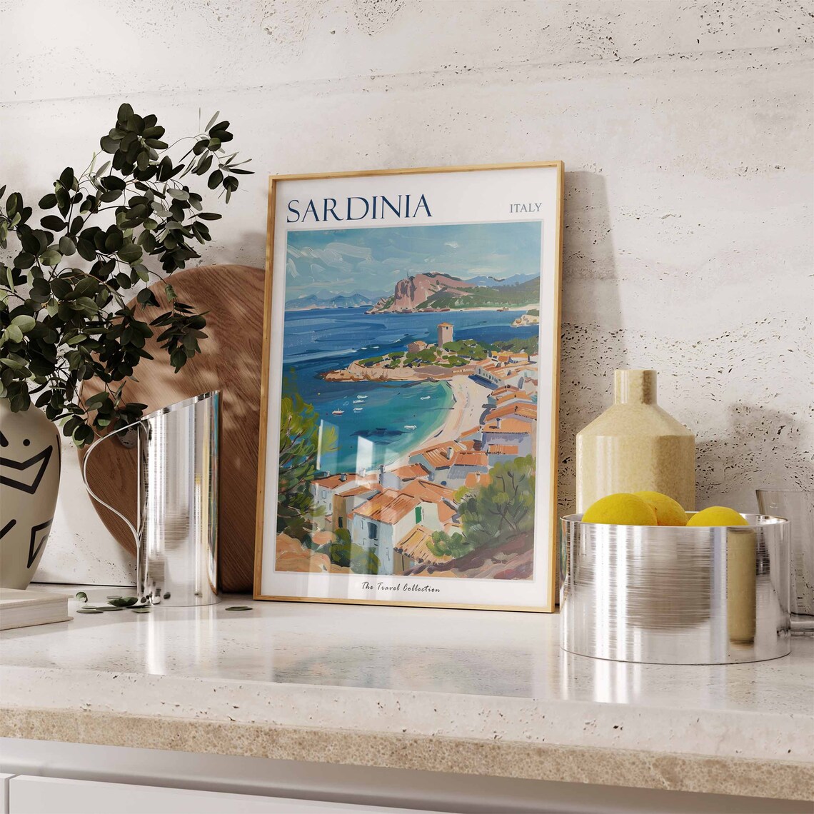 Sardinia Italy Turquoise Bay Village Tower Painting Travel Poster - Image 2