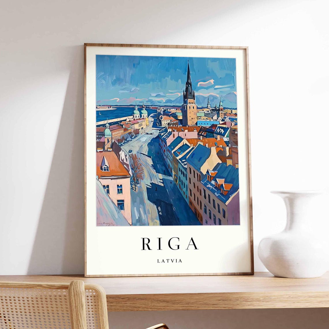 Riga Latvia Aerial Old Town View With Spire And River Travel Poster
