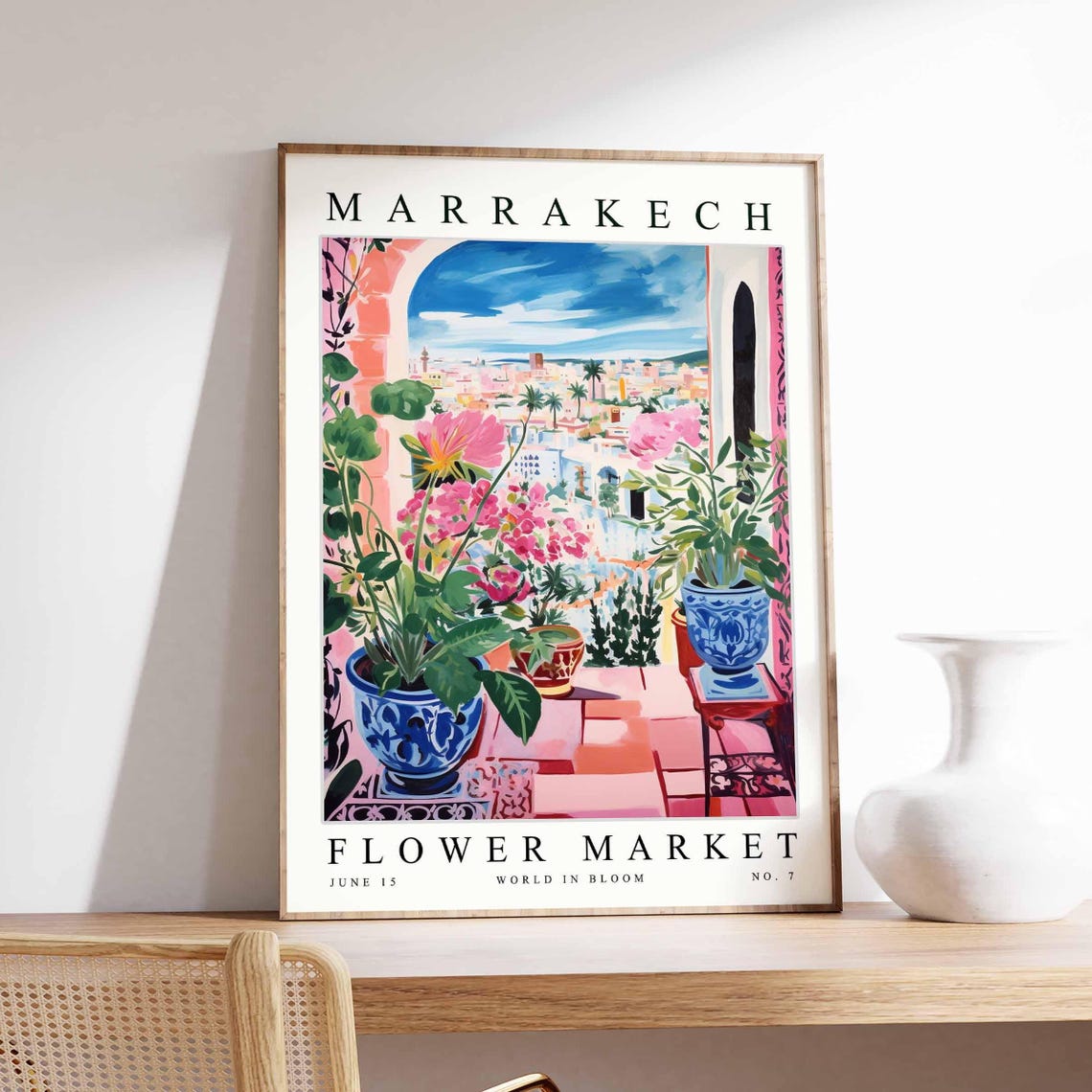 Marrakech Flower Market Balcony Window Blue Vases View Poster