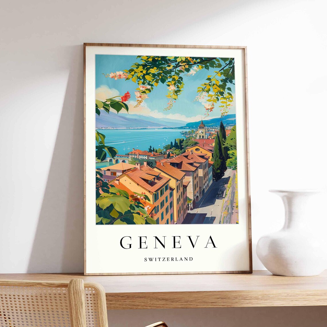 Geneva Switzerland Lake Rooftop Flower Branch Painted Travel Poster