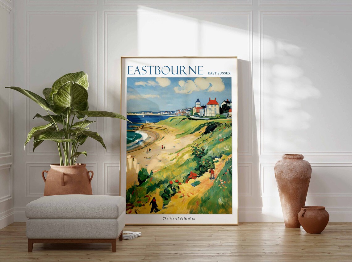Eastbourne East Sussex Beach With Green Cliffs Travel Poster - Image 3
