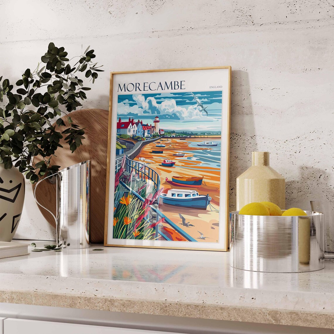 Morecambe England Low Tide Boats Golden Sand Lighthouse Poster - Image 2