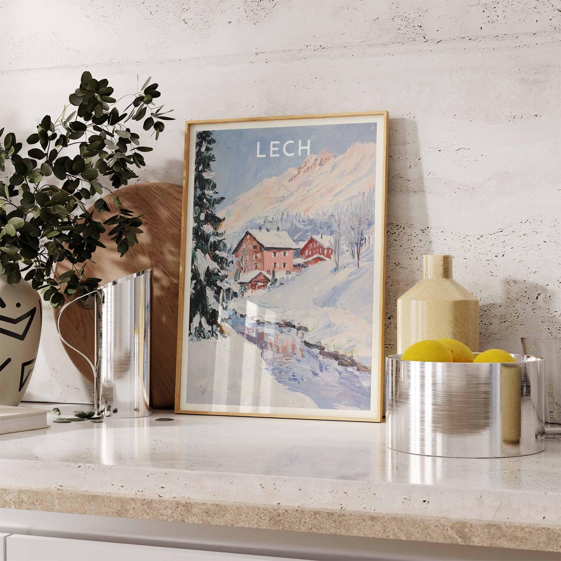 Lech Austria Snowy Stream Red Chalets Pines Winter Painting Poster - Image 2
