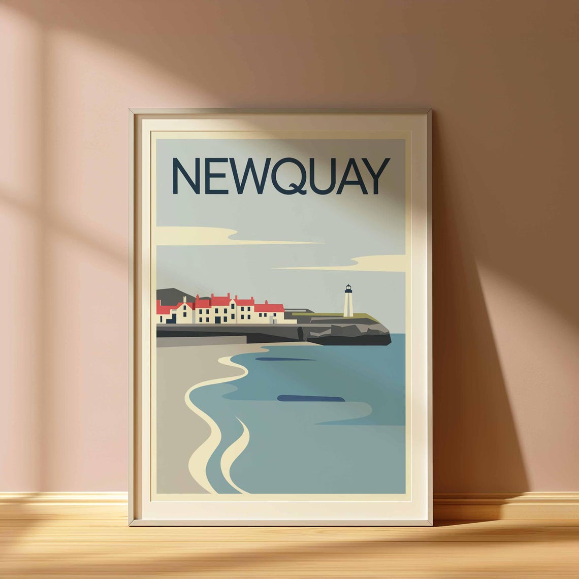 Newquay Lighthouse and Coastal Town Minimal Blue Travel Poster - Image 3