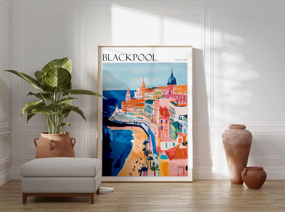 Blackpool Seafront Hotels Curved Beach Palm Trees Bold Travel Poster - Image 3