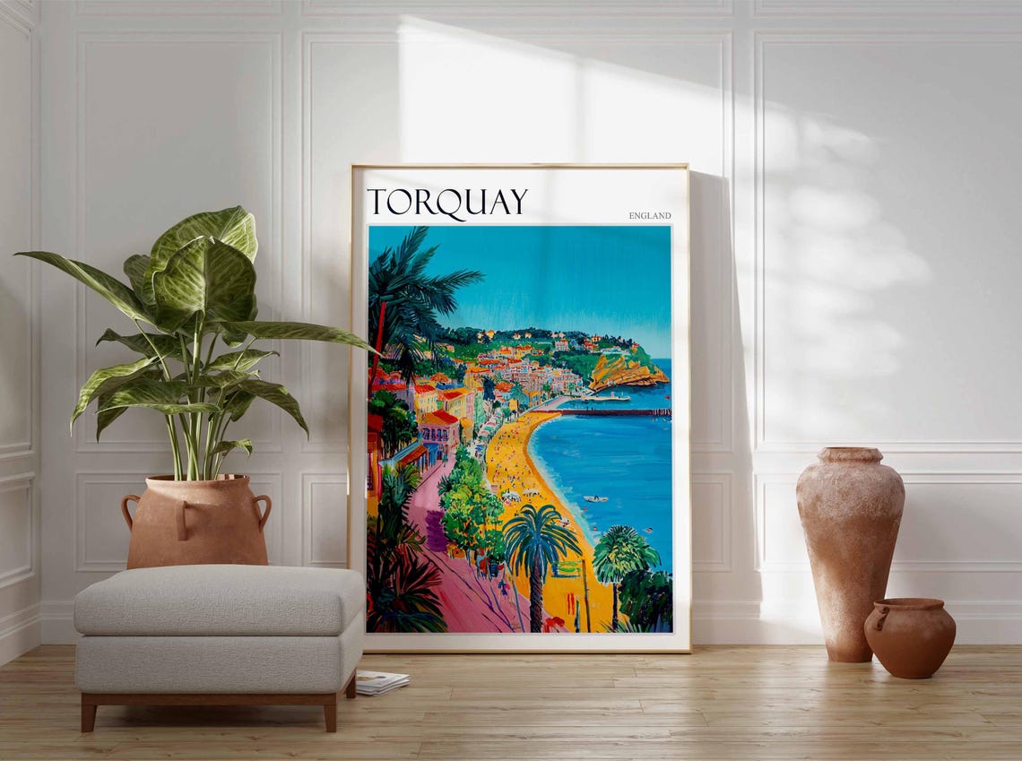 Torquay England Vibrant Coastal Bay Beach Palm Trees Colorful Poster - Image 3