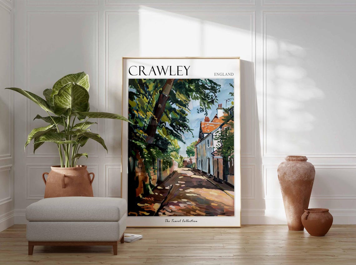 Crawley England Shaded Village Street Cottage Tall Tree Poster - Image 2