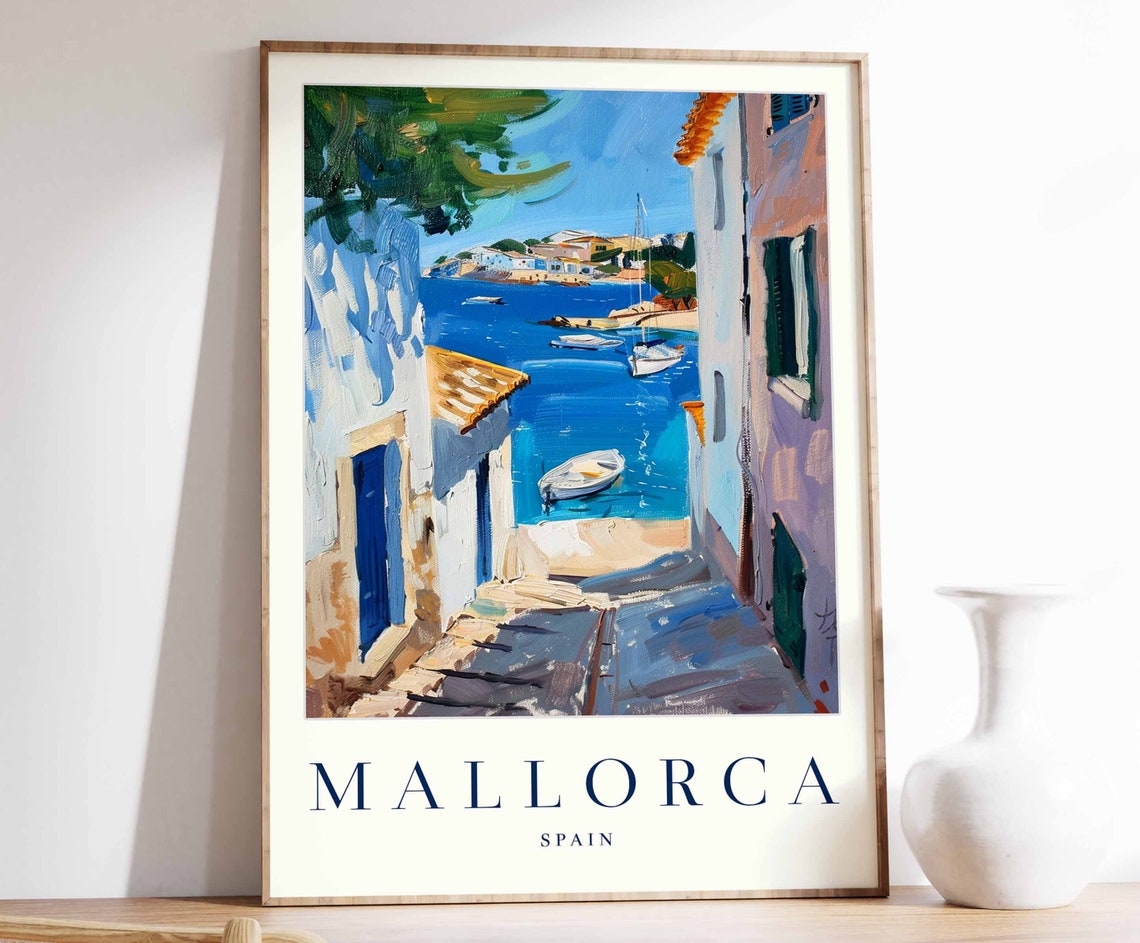 Mallorca Spain Sunlit Coastal Village Bay Boats Travel Poster