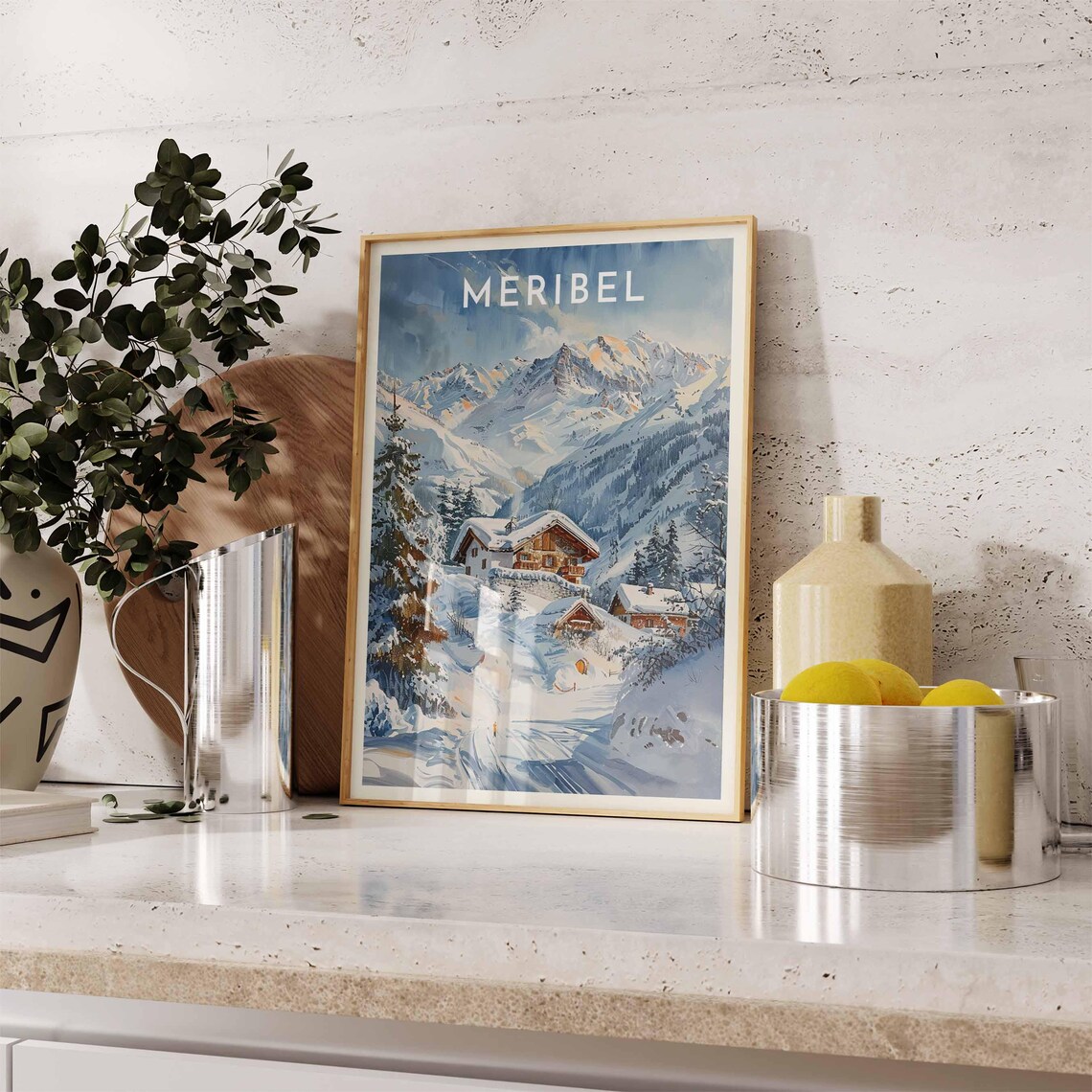 Meribel Wooden Chalet Snow Peaks Watercolor Alpine Art Poster - Image 2