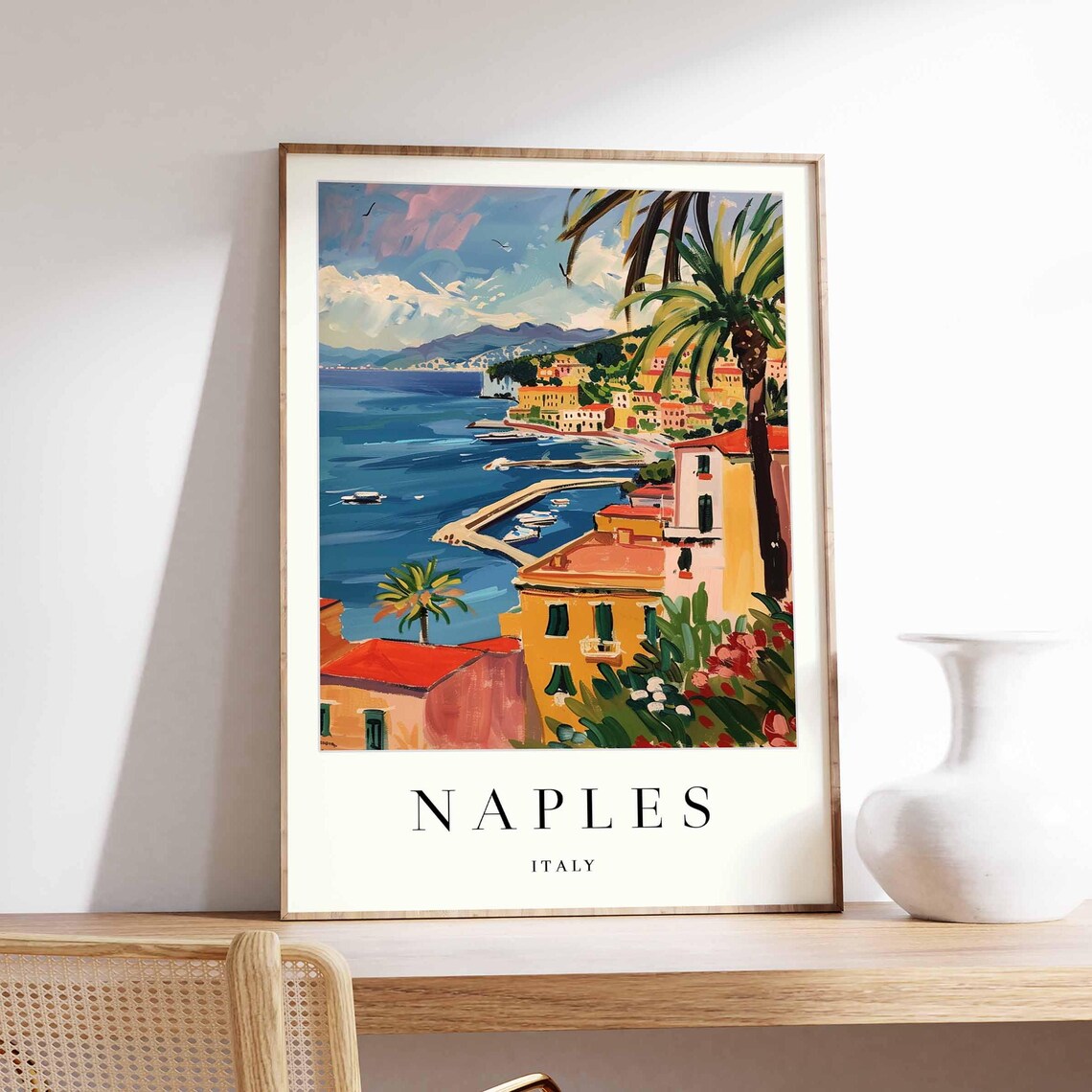 Naples Coastline Breakwater Palm Houses Sea View Scene Poster