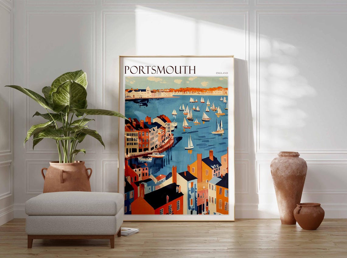 Portsmouth England Panoramic Harbor Sailboat Fleet City Skyline Poster - Image 4