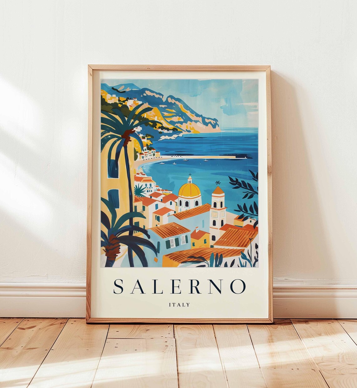 Salerno Golden Domed Church And Tall Palm Trees Coastal Poster