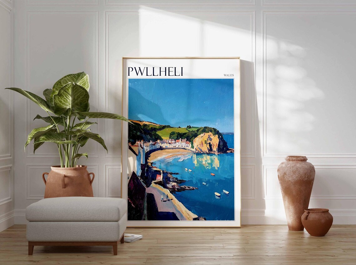Pwllheli Wales Sunlit Bay Boats Village Rocky Headland Path Poster - Image 4