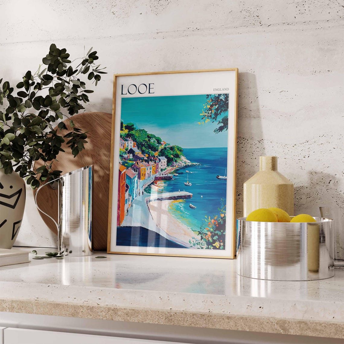 Looe England Sandy Cove Beach Curve Boats Cliffs Coastal View Poster - Image 2