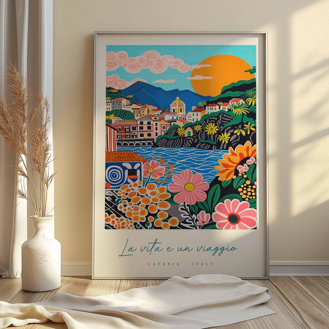 Catania Italy La Vita e un Viaggio Folk Art Sun Bay Flowers Poster - Image 2