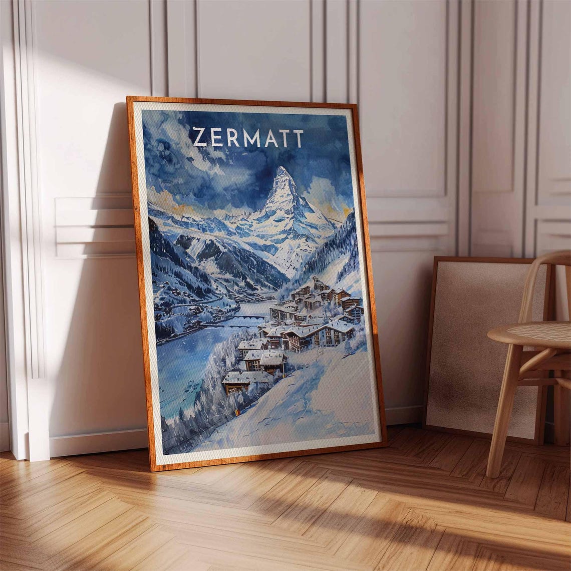 Zermatt Blue Watercolor Matterhorn Alpine Village Scene Poster - Image 3