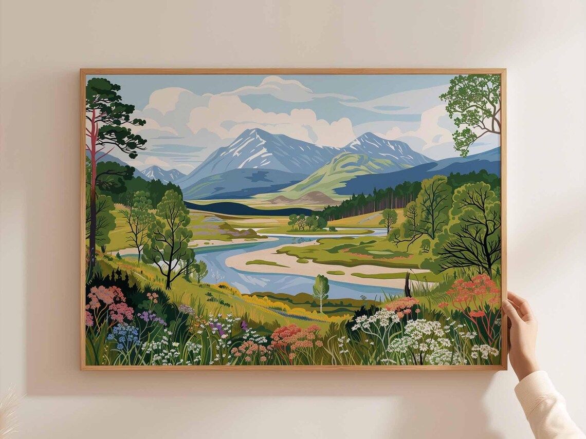 Cairngorms Spring Meadow Wildflowers River Snow Peaks Painting Poster