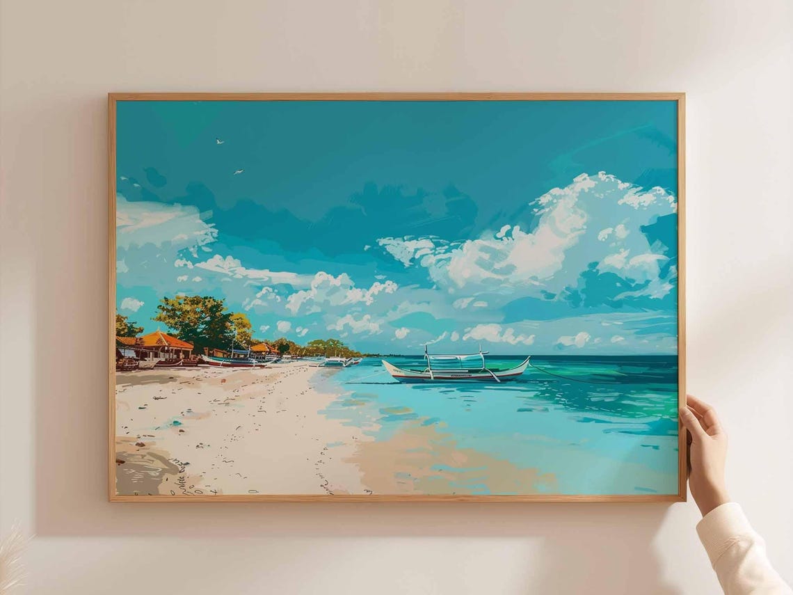 Tropical Beach With Outrigger Boats Under A Big Bright Sky Poster