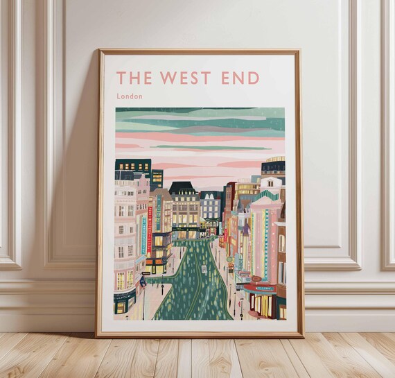 The West End London Pink Sunset Theatre Street Illustration Poster