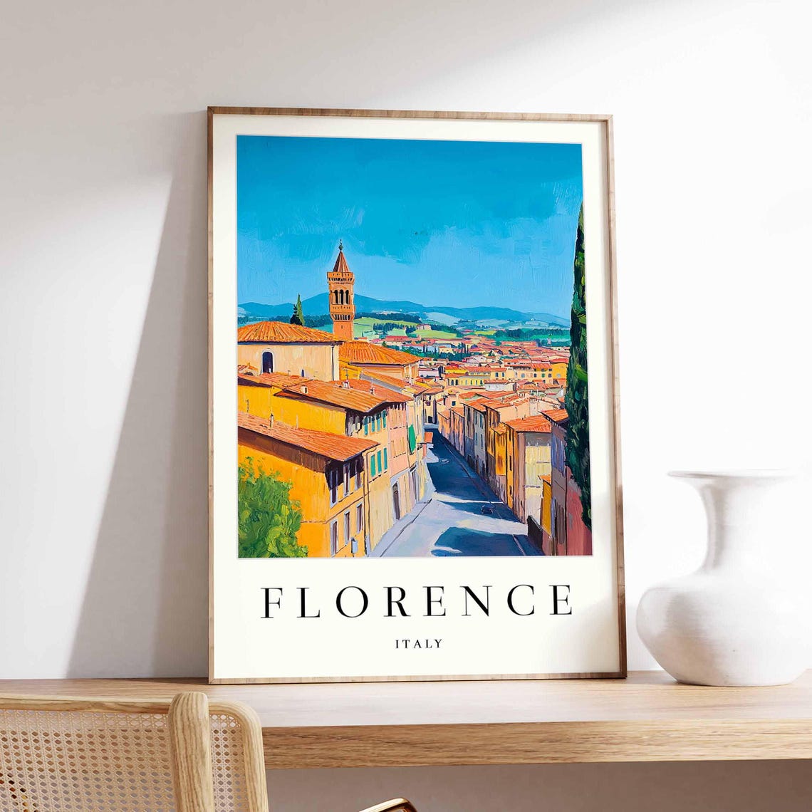 Florence Palazzo Vecchio Tower Street Terracotta Roofs Travel Poster