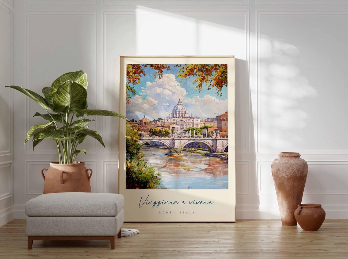 Rome Italy St Peters Dome Bridge Autumn Watercolor Travel Poster - Image 3