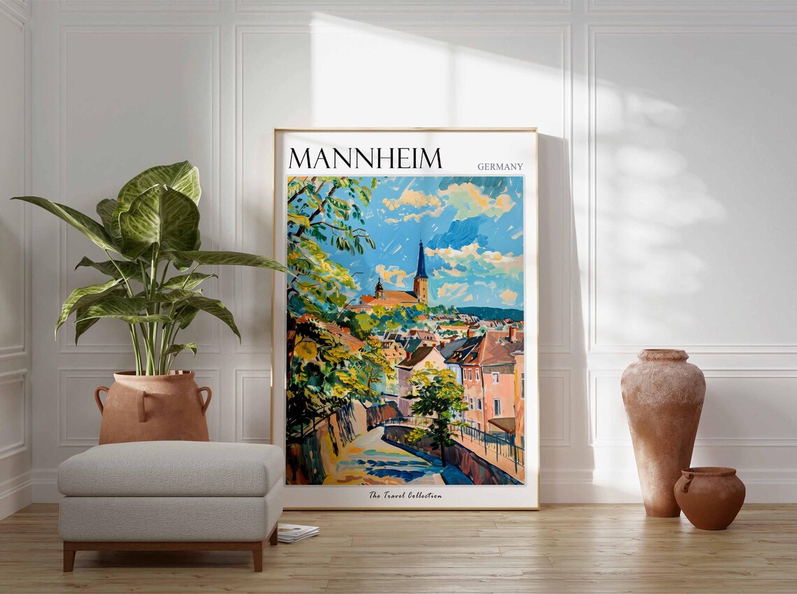 Mannheim Germany Sunlit Hillside Town Church Tower Summer Poster - Image 3
