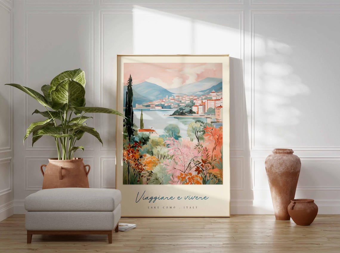 Lake Como Italy Blush Pastel Watercolor Lakeside Gardens Poster - Image 3