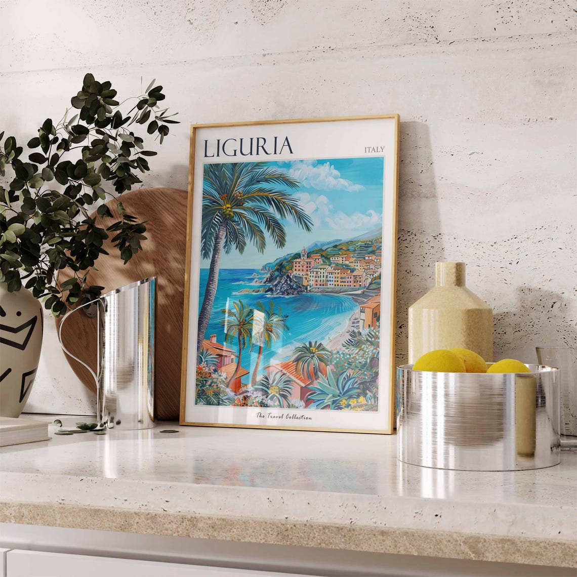 Liguria Italy Tall Palm Trees Beach Cove Town Sunny Travel Poster - Image 2