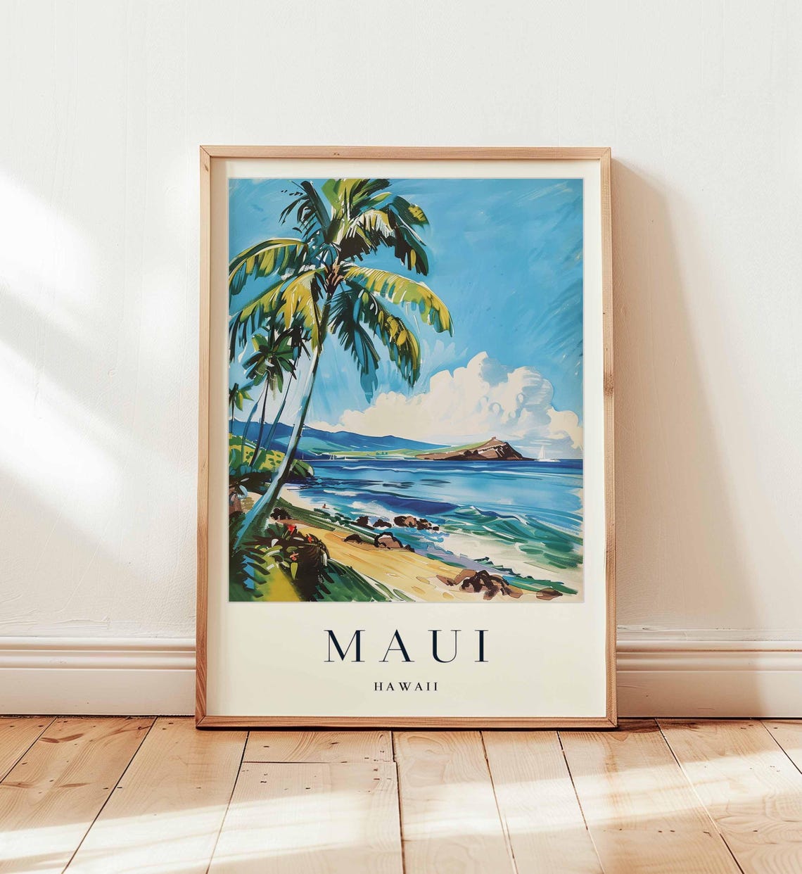 Maui Hawaii Leaning Palm Tree Over Rocky Beach Travel Poster